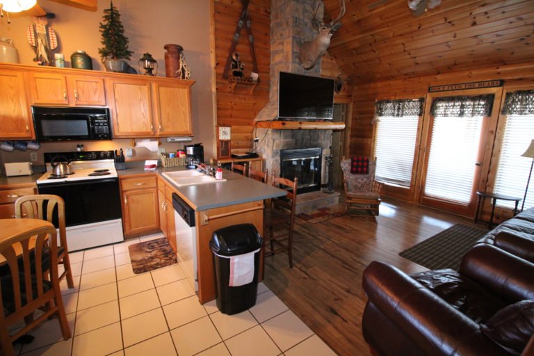 Kitchen and Living Area Trappers Den Log Cabin