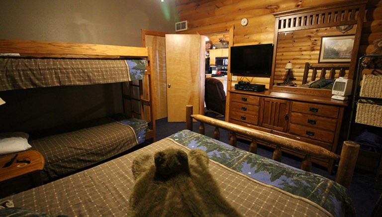 Guest Bedroom With Queen Size Bed and Bunk Beds View #2 Split Oak Log Cabin